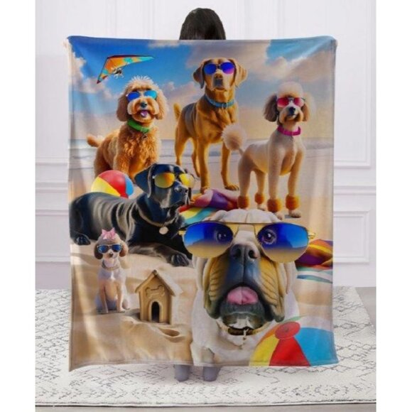 New Cool Beach Dogs Throw Blanket Gift Plush Poodle Dog Whimsical Breeds Puppy - Picture 2 of 3